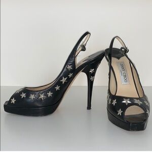 Jimmy Choo Black Star-Stud Slingback Peep-Toe Heels